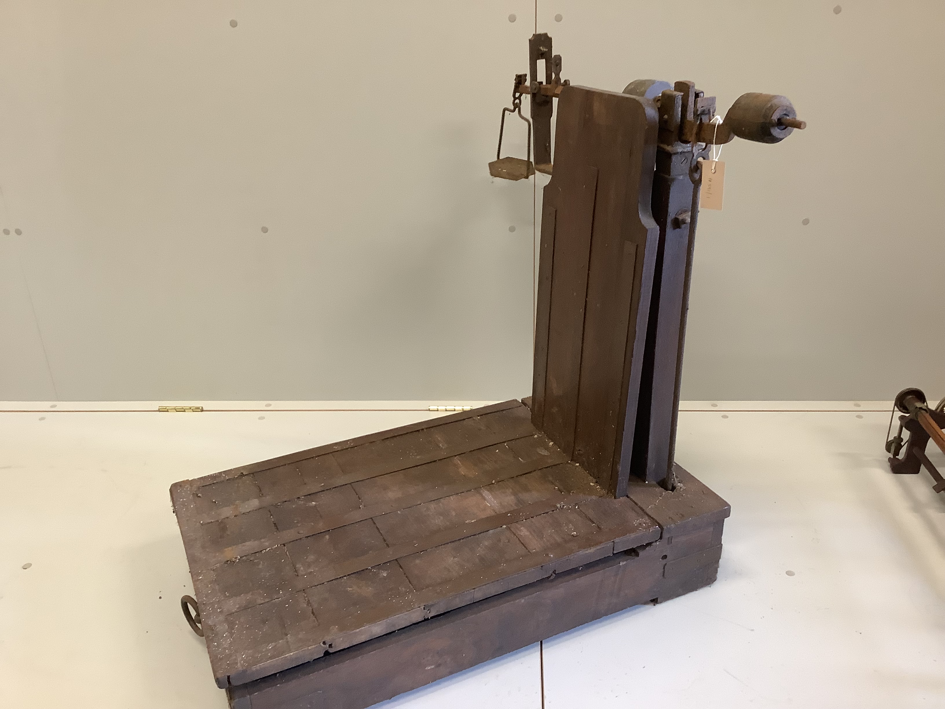 A set of Victorian oak and cast iron sack scales, height 85cm